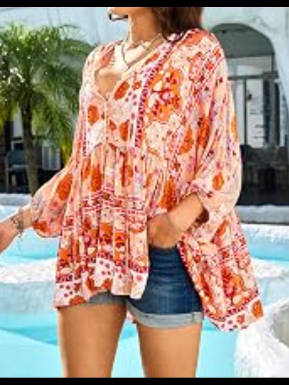 Bohemian Orange-Pink Floral Peasant Top Baby Doll Flouncy
